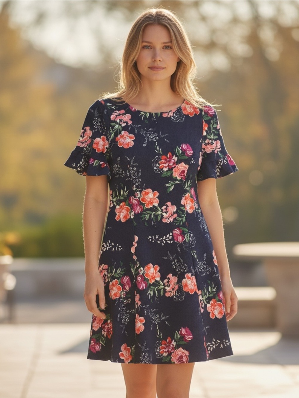 JH Women’s 12 Blue Floral Ruffle Sleeve Dress